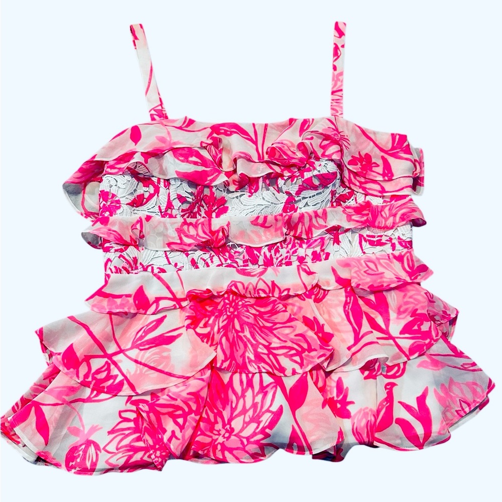 NWOT Lily Pulitzer OLIVE TOP in Hot pink, lace, ruffle n szL